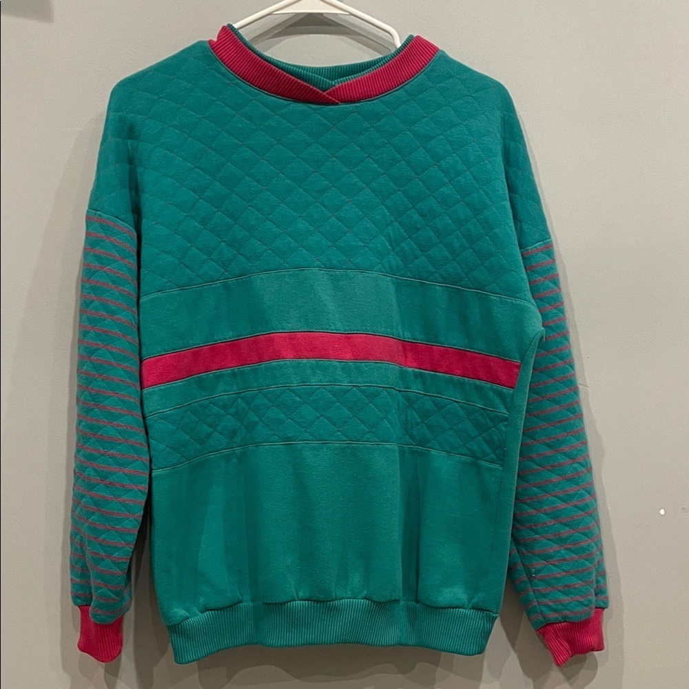 Teal and Pink Quilted women’s sweatshirt retro style medium